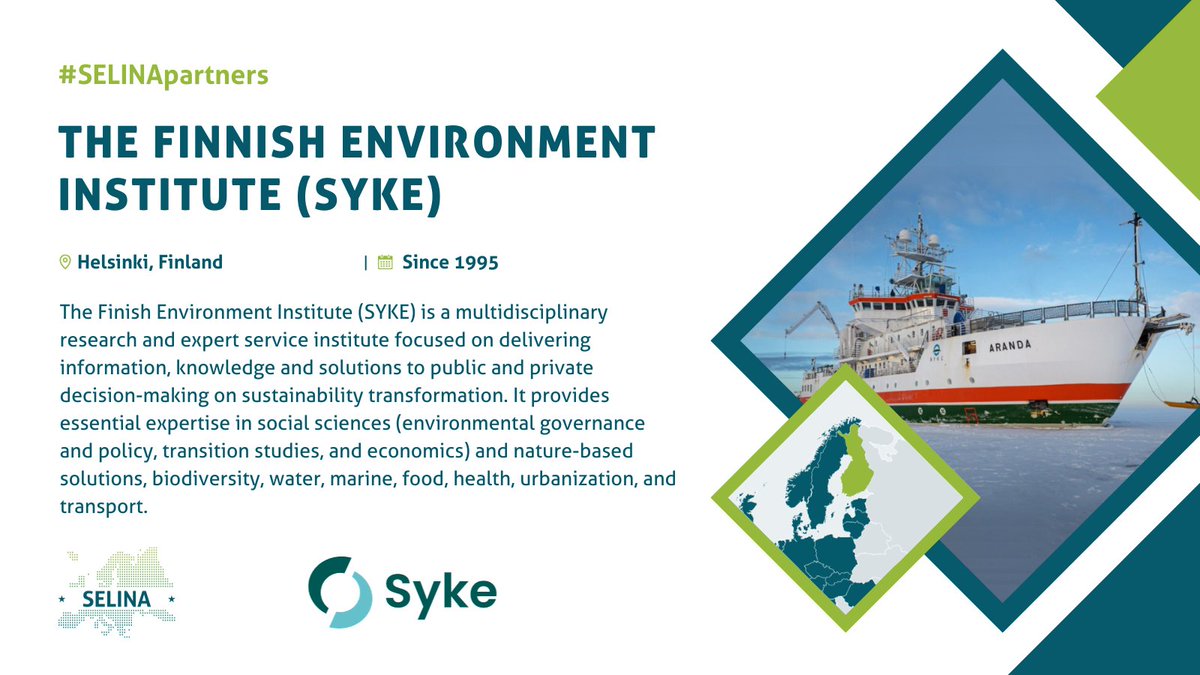👋 We are back again with the #SELINApartners campaign! 
This week we present the Finish Environment Institute (<a href="/SYKEint/">Finnish Environment Institute (Syke)</a>) 👉 a multidisciplinary #research and expert service #institute focused on delivering information, knowledge and solutions on #sustainability transformation.