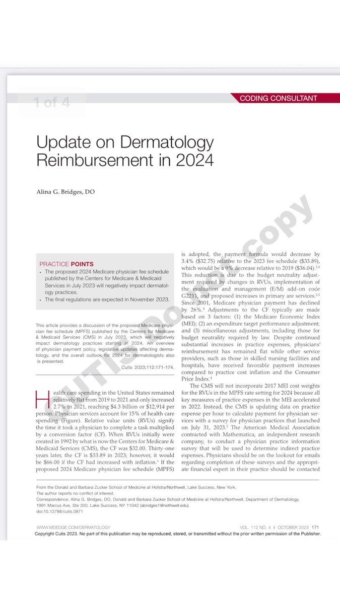 alinaskindoc's tweet photo. In press…Update on Dermatology Reimbursement in 2024 @aadmember #hr2474 #fixmedicarenow #patientaccess @amermedicalassn #hr2630 #s652 #safestepact 
@zuckersom @northwelldermatology @northwellhealth https://t.co/4LcpmOQ61I