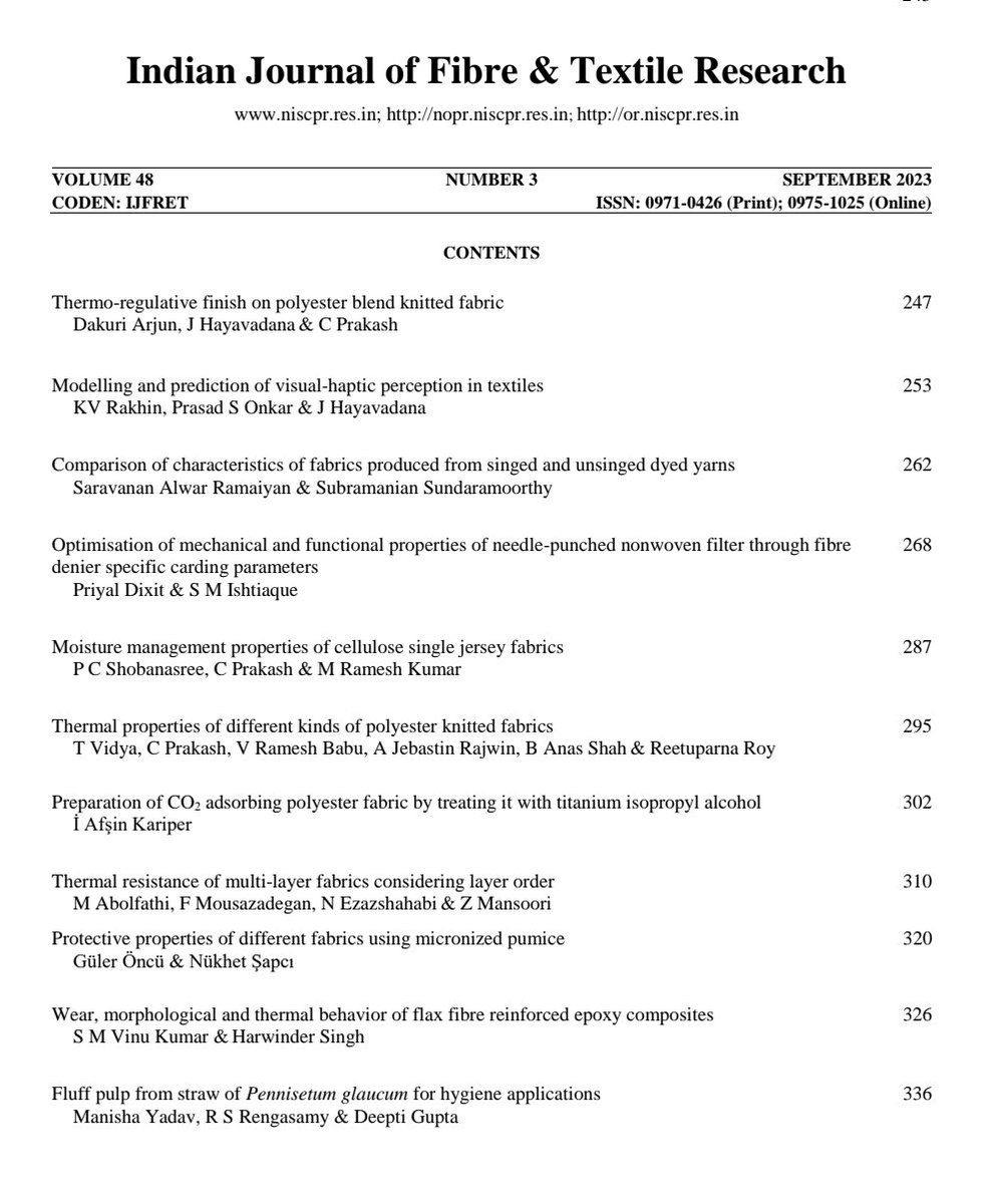 CSIR_NIScPR's tweet image. The September 2023 issue of the Indian Journal of Fibre &amp;amp; Textile Research (IJFTR) @CSIR_NIScPR is out now. To know about the latest #textile #research, access the full text here: nopr.niscpr.res.in/handle/1234567…
---
#TextileResearch #IJFTR