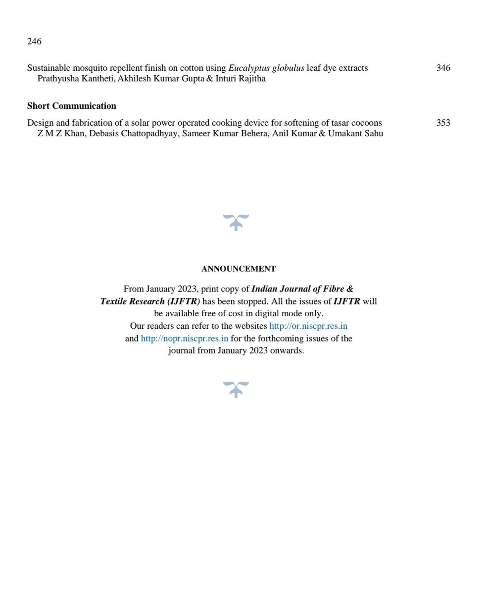 CSIR_NIScPR's tweet image. The September 2023 issue of the Indian Journal of Fibre &amp;amp; Textile Research (IJFTR) @CSIR_NIScPR is out now. To know about the latest #textile #research, access the full text here: nopr.niscpr.res.in/handle/1234567…
---
#TextileResearch #IJFTR