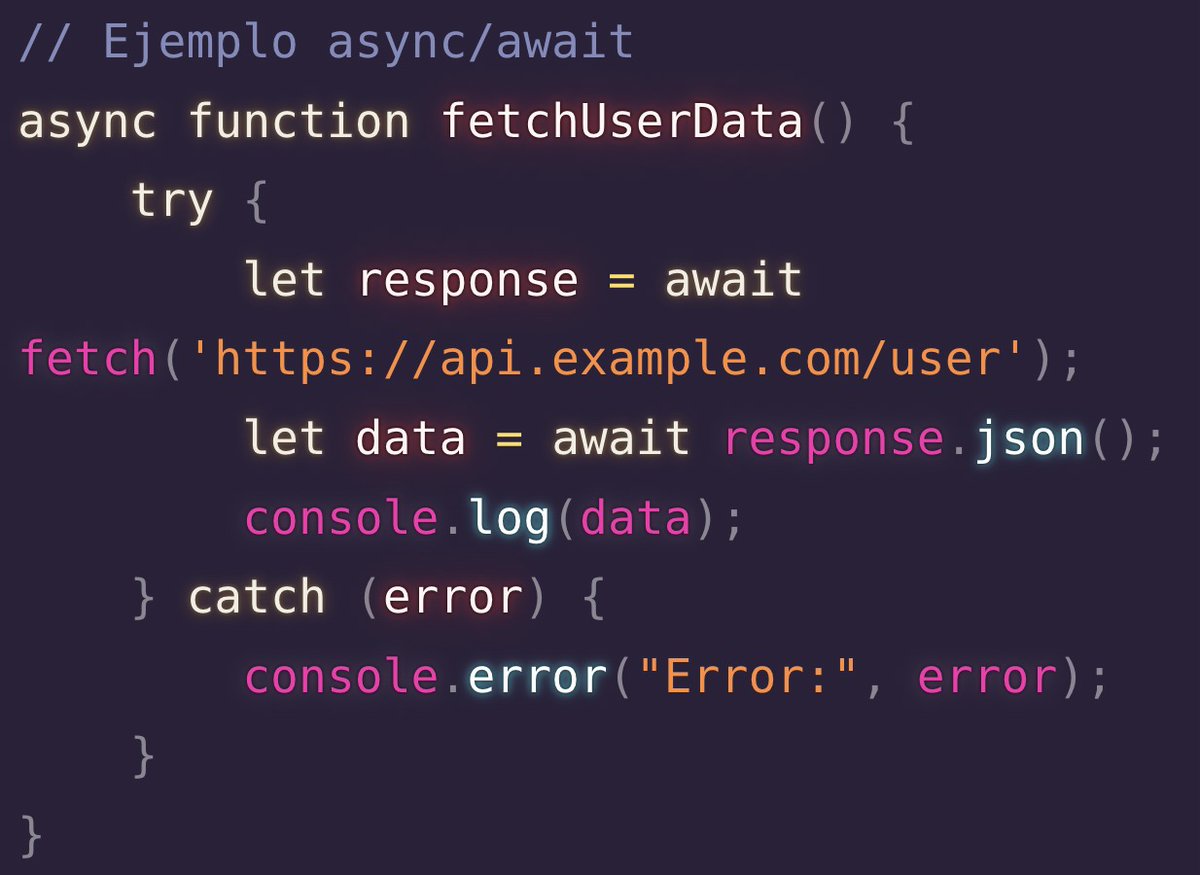 midudev's tweet photo. Explicación Callbacks y Promesas en JavaScript:

Callback
Un callback es una función que se pasa a otra función como argumento, que luego se invoca ("se llama de vuelta") en un momento adecuado.

Tradicionales en el manejo de eventos en JavaScript, los callbacks también se usan en métodos de Array y operaciones asíncronas.

El problema conocido como Callback Hell surge cuando se anidan múltiples callbacks, haciendo el código difícil de leer:

Promesas
Introducidas en ES6, las promesas representan operaciones que aún no se han completado pero se espera que se completen en el futuro. Pueden estar en uno de tres estados: pendiente, resuelta o rechazada.

Las promesas tienen los métodos .then, .catch y .finally, que puedes utilizar para adjuntar callbacks que se ejecutarán cuando la promesa se resuelva o se rechace:

Las promesas, con sus métodos .then, .catch, y .finally, proporcionan una forma más estructurada y legible de manejar operaciones asíncronas, evitando el Callback Hell.

Algunos métodos como fetch directamente devuelven una promesa y puedes  usar .then o .catch en ellas.

async/await
ES2017 introdujo async/await como una capa de abstracción sobre las promesas, simplificando aún más el manejo de operaciones asíncronas:

Resumen

Los Callbacks son funciones pasadas como argumentos a otras funciones, usadas tradicionalmente para manejar eventos y operaciones asíncronas en JavaScript. Sin embargo, pueden llevar a un código anidado complejo conocido como "Callback Hell".

Las Promesas, introducidas en ES6, representan operaciones futuras y proporcionan una estructura más clara para manejar la asincronía, con métodos como .then, .catch, y .finally para gestionar resultados y errores.

Adicionalmente, ES2017 trajo async/await para simplificar aún más el manejo de operaciones asíncronas, construyendo sobre las promesas.