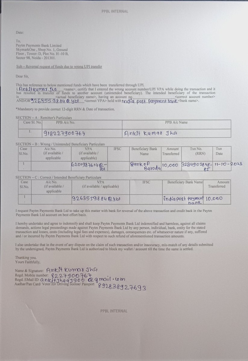 Ankitjharoyal's tweet photo. I have sent money from a wrong UPI, I have complained about it but no reply has been received yet.
@PaytmBank 
@Paytmcare 
@PhonePe https://t.co/xuskBmExsB