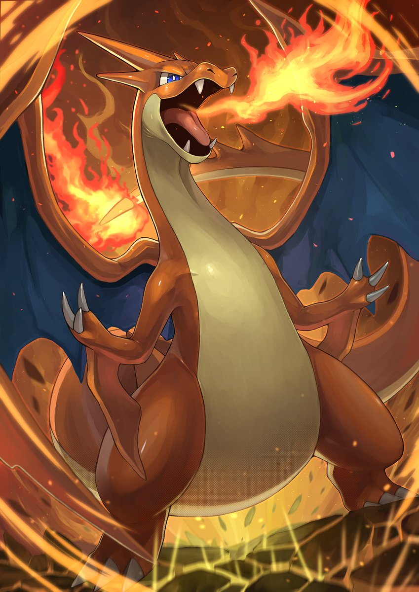 charizard fire pokemon (creature) no humans solo open mouth blue eyes claws  illustration images