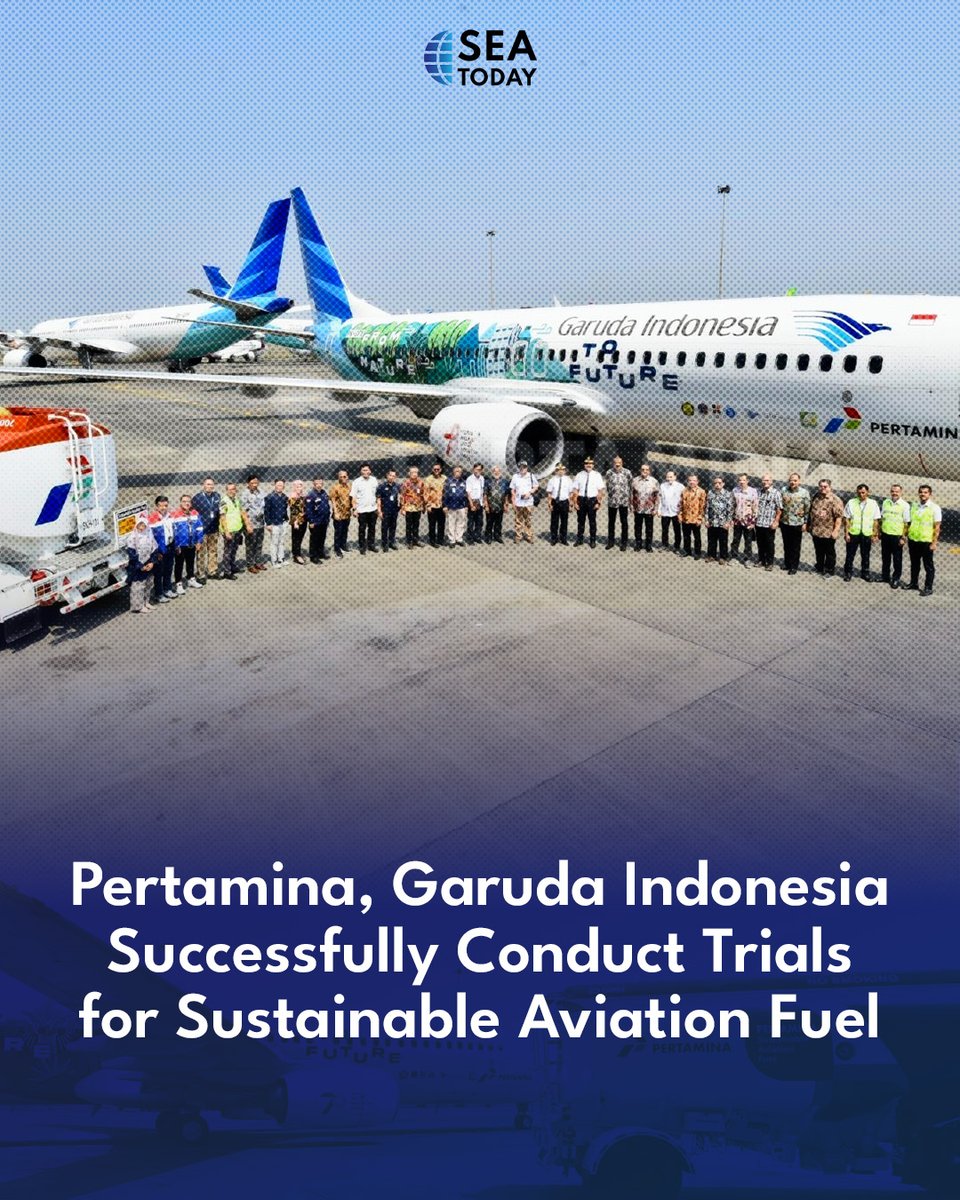 seatodaynews's tweet photo. Pertamina and Garuda Indonesia have successfully conducted flight tests of aircraft using environmentally friendly Sustainable Aviation Fuel (SAF), conducted at Soekarno Hatta International Airport on Wed(10/4) using a Boeing 737-800 NG.

#SEATodayNews #Indonesia #SAF #bioavtur https://t.co/1VRurL1xo2