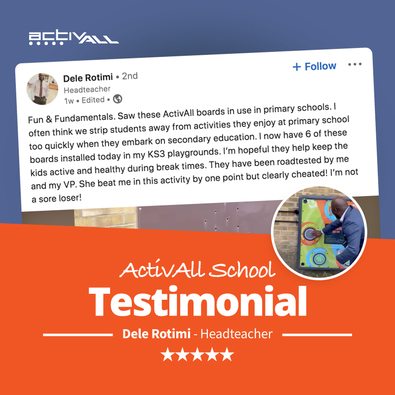 ActivAll_'s tweet photo. 🌟 A big thank you to #headteacher Dele Rotimi for sharing his @ActivAll_ experience!🙌
Dele's school now has 6 fitness boards installed in the KS3 playgrounds, ensuring an active and healthy break time for secondary students. 🚀👏🏆
#secondaryschool #activebreaks #roadtested https://t.co/u8WnmTsgXI