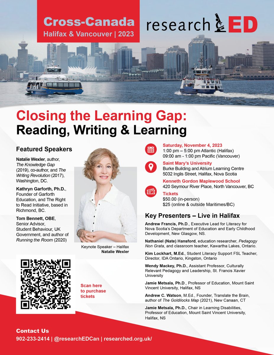 researchEDCan's tweet photo. What's Ahead? Look at the Stellar Line-Up with Natalie Wexler at Cross-Canada researchED in Halifax, Sat. Nov. 4, 2023 at Saint Mary's University. Join Us Live in the Maritimes or British Columbia or Online coast-to-coast @SMUhalifax #NSed #SoRNS #cdned https://t.co/CZ3JtoF10j