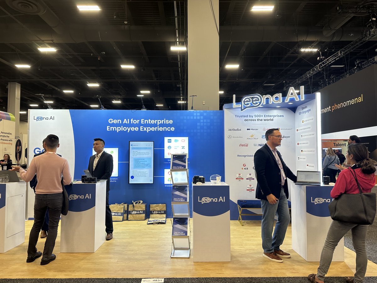 LeenaAI_'s tweet image. Day 2 successfully wrapped up!

Haven&apos;t we talked yet?
Visit us at booth no 𝟒𝟖𝟑𝟏 tomorrow to learn how our solutions can enhance the employee experience at your organization. 🚀

#HRTECH2023 #GenerativeAI #FutureOfWork #Innovation #DigitalTransformation