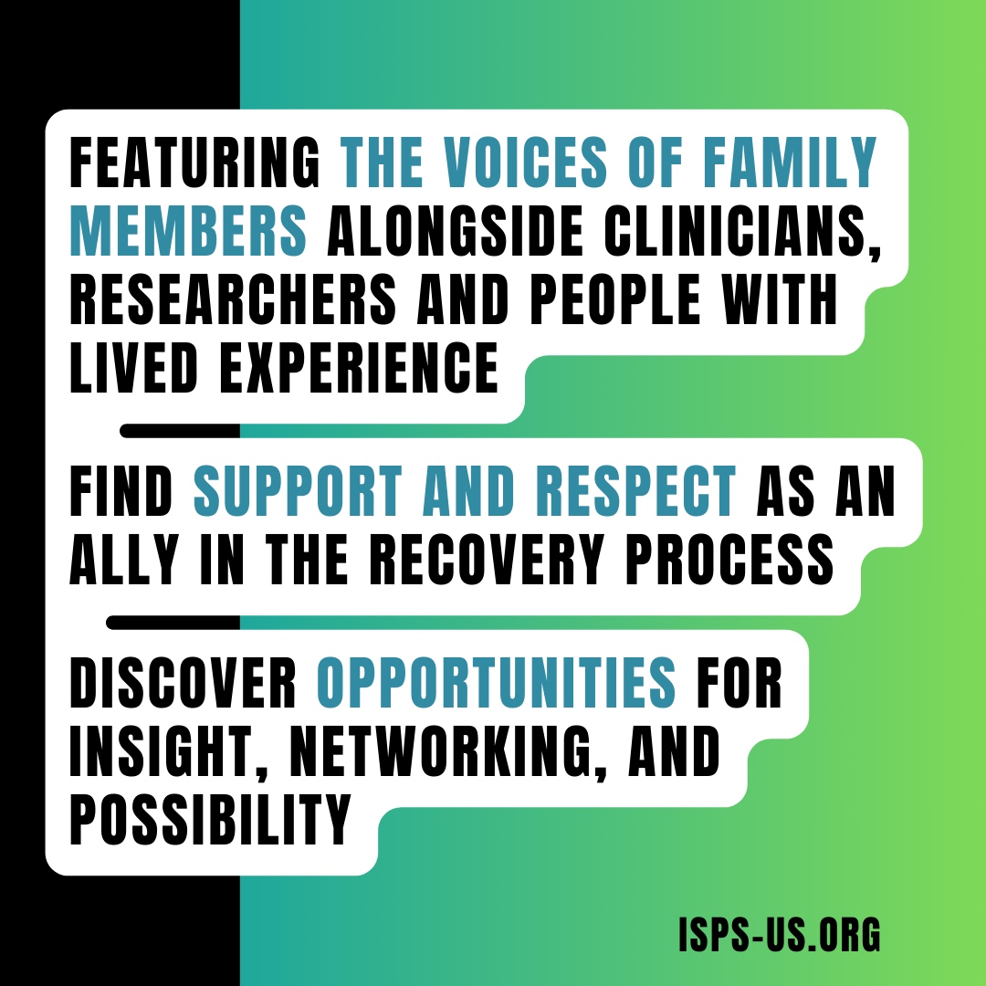 ISPSUS's tweet photo. Calling all family members of individuals diagnosed with "psychosis" Join us at the ISPS-US conference, where you'll find a supportive community, valuable insights, and new hope.
https://t.co/1YNRDGDyOB

#ISPSUSConference2023 #FamilyJourney #Psychosis #MentalHealth #Conference https://t.co/qefBbN8iot