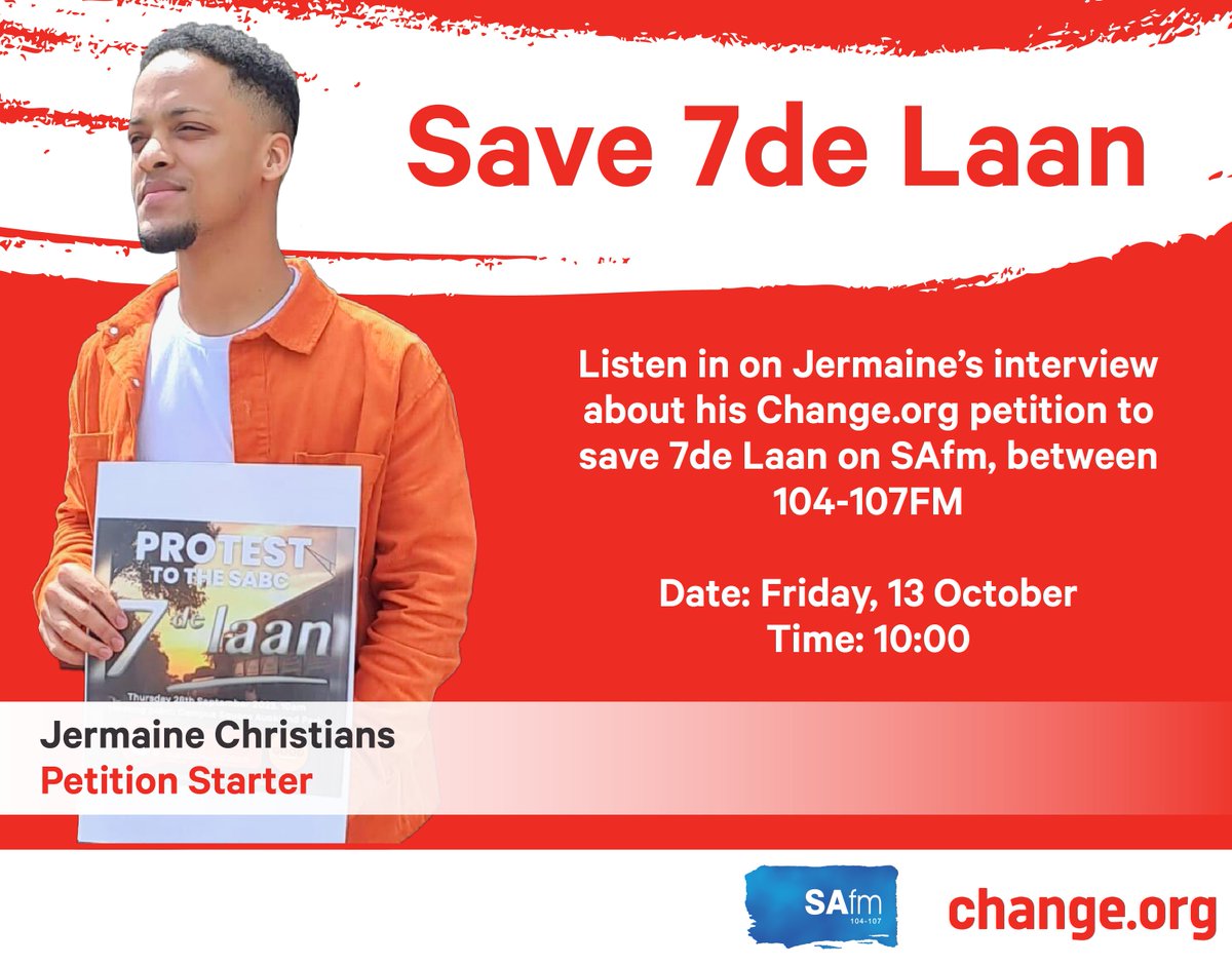 Listen in on @SAfmRadio tomorrow morning! Jermaine Christians will be interviewed on his petition with over 43,000 signatures calling on @SABCPortal to reconsider their decision and renew the no.1 Afrikaans soapie in South Africa, 7de Laan. Sign and share his petition here:…