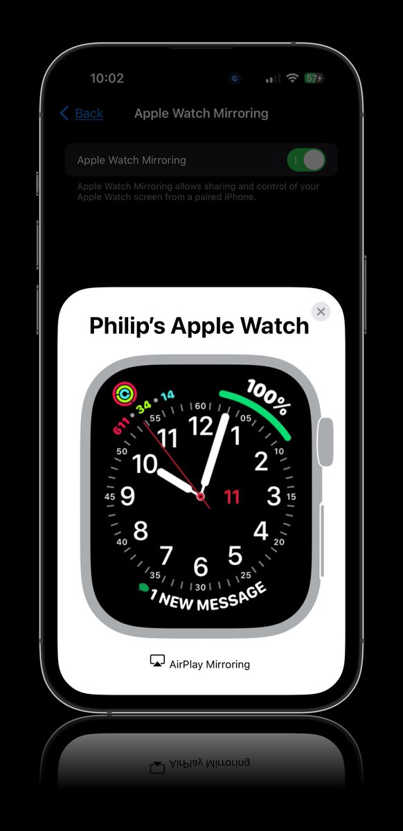 Biggiephil2's tweet photo. So I was browsing Accessibility last night and noticed “Apple Watch Mirroring” new to me, pretty neat I must say! #iphone14pro #applewatch #series8 #screenmirror #ios17 #devbeta3 https://t.co/pfvMGqablt