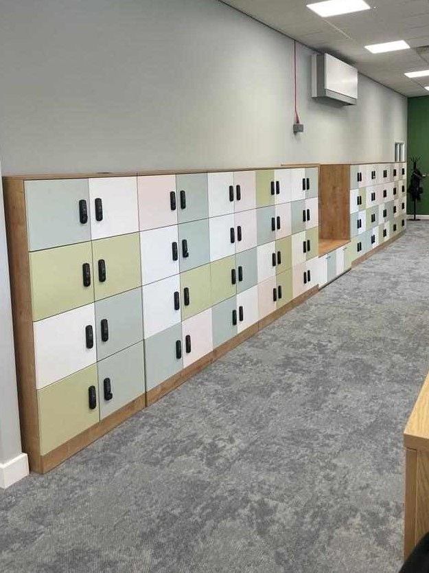 A recent installation of lockers for a refurbished office. Lockers help with a clutter-free workspace and keep the office neat and tidy. These lockers, with a pin code lock offer security for your employees' personal belongings Storage ---> bit.ly/levant-storage #OfficeDesign