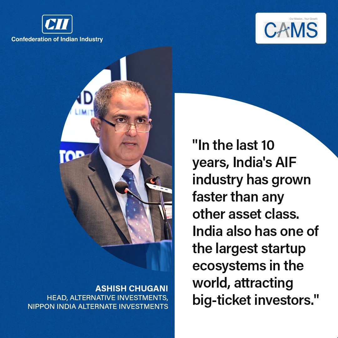 Camsonline's tweet photo. We're revelling in the wisdom of the opening remarks delivered by Ashish Chugani, Head of Alternative Investments at Nippon India. 
He credits SEBI for investor and manager-friendly regulations on par with global practices, for driving growth across the Alternatives industry.
@amchugani @NipponIndiaAIF
#CAMS #CIIEvents