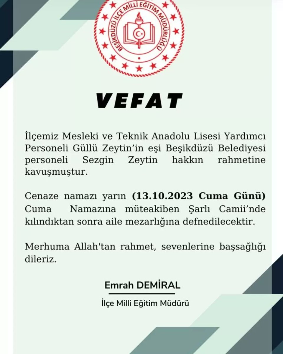 BesikduzuMTAL61's tweet photo. ACIMIZ BÜYÜK
Okulumuz yardımcı personeli Güllü ZEYTİN'in eşi Sezgin ZEYTİN Hakk'ın rahmetine kavuşmuştur. Merhuma Allah'tan rahmet, kederli ailesine sabırlar dileriz. Mekanın cennet olsun Sezgin Abi. https://t.co/5zEwAXFDPX
