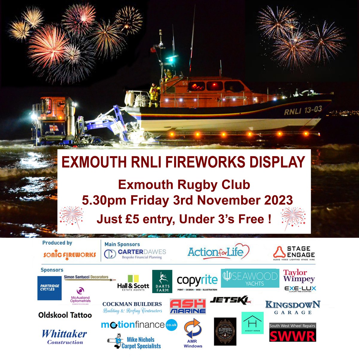 Exmouth RNLI Fireworks Display 2023
<a href="/RNLI/">RNLI</a> #RNLI #exmouth #exmouthdevon #familyday #familydaysout #fireworks #fireworksnight #fireworksdisplay #eastdevon
Exmouth Rugby Club, Imperial Road, Exmouth, EX8 1DG  Friday 3 November.

Find out more &amp; book tickets : wp.me/p5TRZI-2lR
