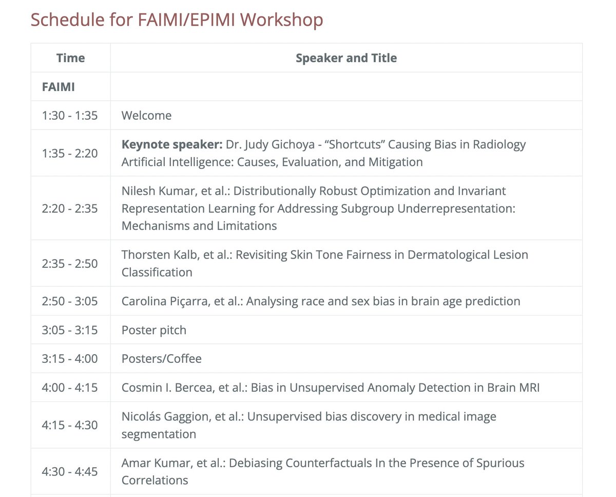 enzoferrante's tweet photo. Join us today for the Fairness of AI in Medical Imaging (FAIMI) workshop.
📍 Meeting Room 15, at 1h30 PM
We will start with a keynote talk by @judywawira and continue with a great set of oral and poster presentations! https://t.co/DTz6Ec7lX2