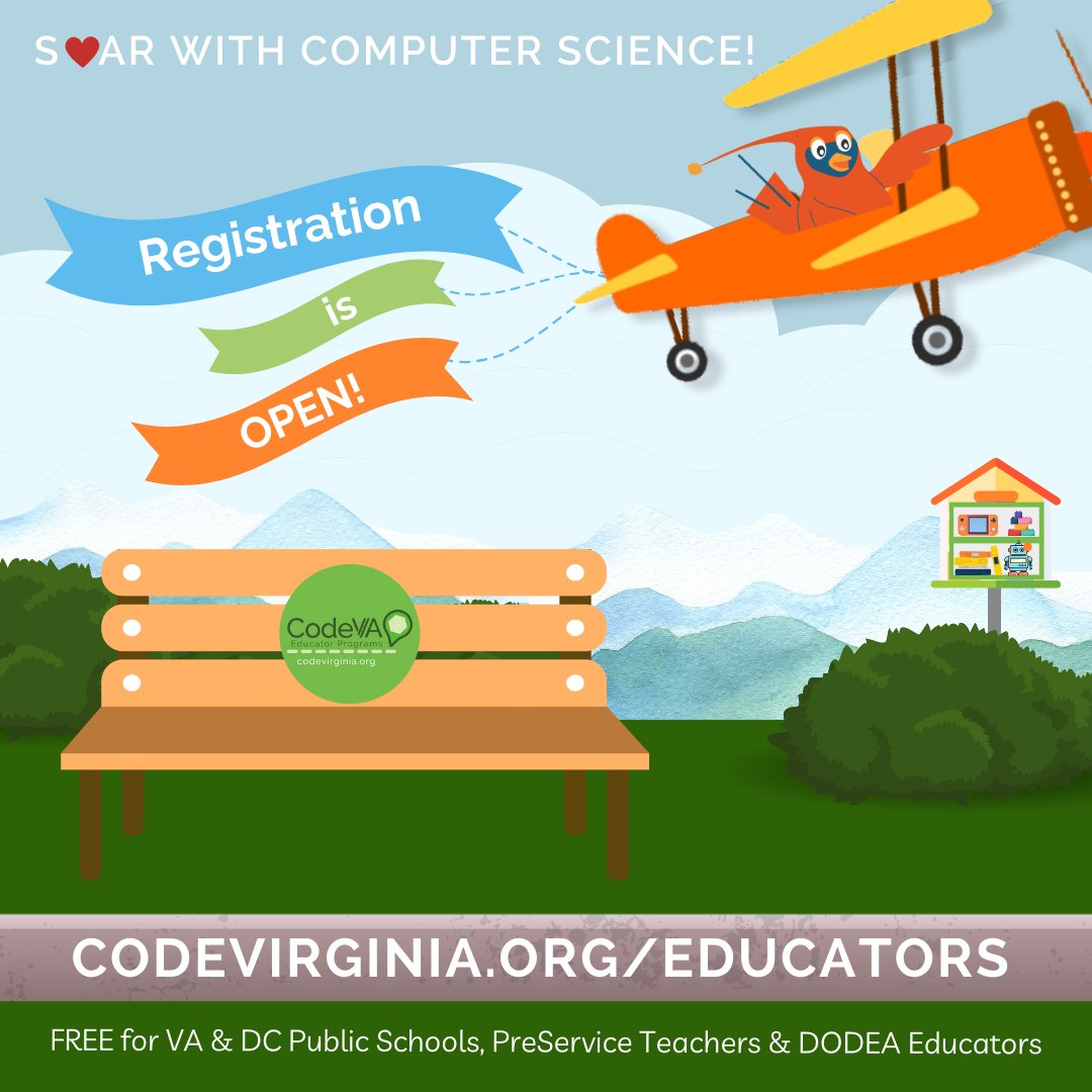 CodeVA offers year-round FREE Computer Science Professional Development for VA and DC PK-12 educators, pre-service teachers, professors, and DODEA educators. Register here: codeva.arlo.co/w/upcoming/ for asynchronous learning, micro-sessions, and Praxis prep!
