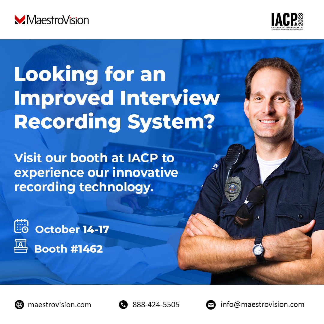 MaestroVisionMV's tweet image. Looking for an Improved Interview Recording System?
Visit our booth at IACP to experience our innovative recording technology!
IACP's Annual Conference in San Diego October 14-17, 2023
Booth #1462.
bit.ly/3PM7dnj
#PoliceInterview #interviewrecording #iacp2023 #booth1462