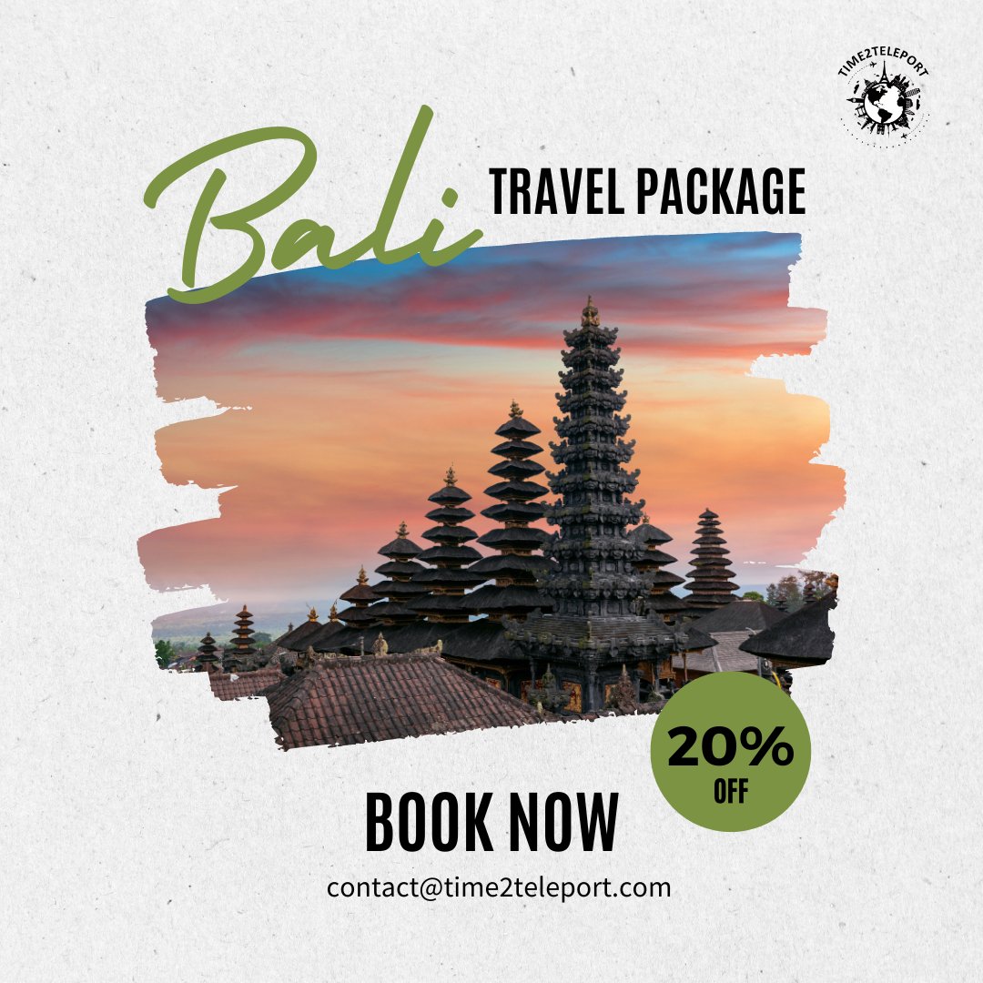 Escape to Bali's paradise! 🌺 Book your dream getaway now and enjoy an exclusive 20% off. Unveil the magic of Bali with Time2teleport. Your adventure starts here! 

#BaliDreams #TravelWithDiscounts #BaliBound #TravelSavings #BaliExplorer #TravelDeals #Wanderlust #ExploreMore