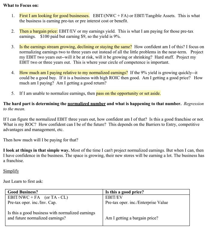 marketplunger1's tweet photo. Joel Greenblatt on What To Focus On: 

• Look for a good business

• Then a bargain price

• Ask: "Are earnings growing, declining, or stagnating?"

• Determine: How much am I paying relative to normalized earnings? 

I love the way Greenblatt simplifies process.