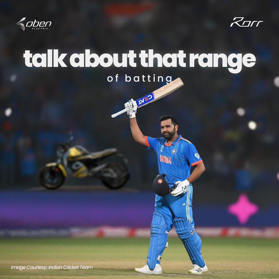 ObenElectric's tweet photo. Rohit Sharma’s batting range in a single c̵h̵a̵r̵g̵e̵ match is why we love watching cricket!
#TheEVLifeStyle #ObenElectric #RideWithRorr #CWC23 #CricketWorldCup https://t.co/LoIbFDaOZB