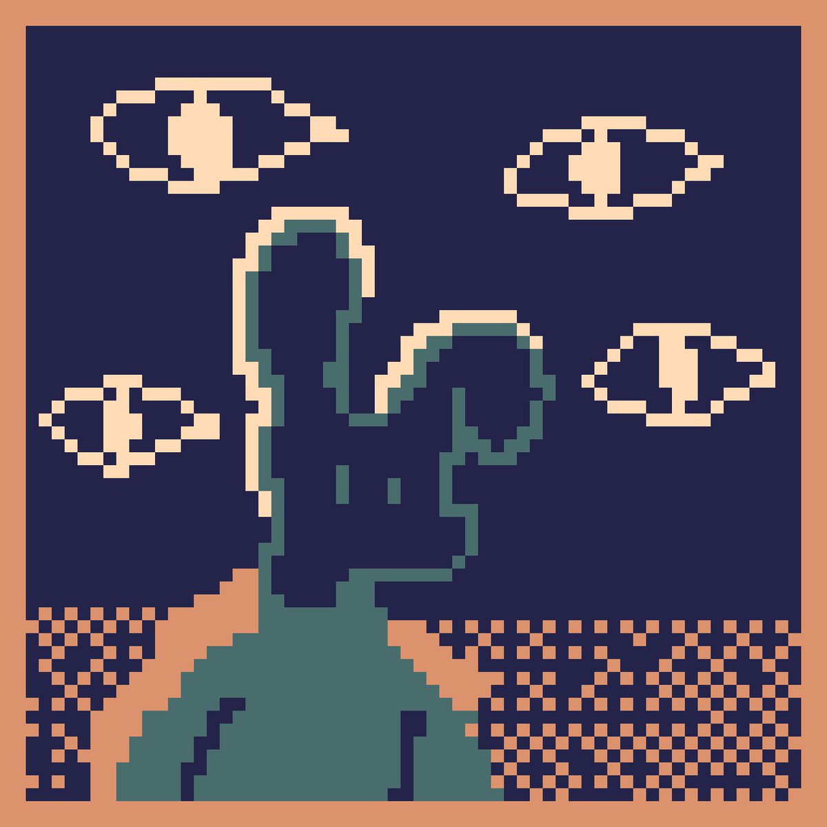 breezybyte's tweet photo. Experimenting with a captivating palette I found online.

The grim atmosphere juxtaposed with a cute rabbit is an intriguing combination I guess. 

Those aren't clouds, they're watchful eyes 🌌

#PixelArt #ContrastingMoods #RabbitInTheShadows #EyesInTheSky #ArtisticExperiment https://t.co/rSShSDWBjq