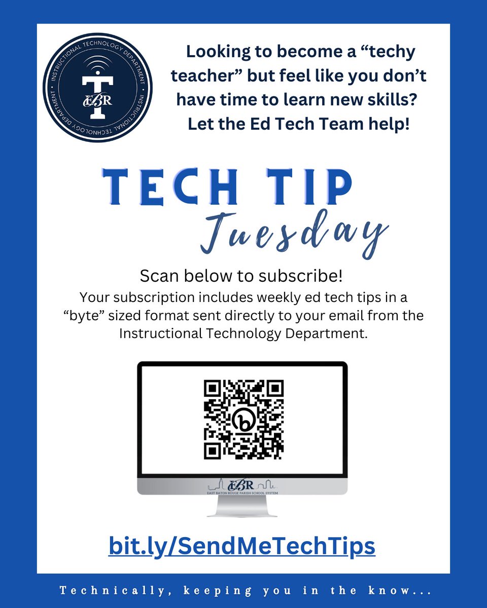 Interested in sharpening your tech skills but have limited time to learn something new? We will begin releasing weekly tech tips in a “byte” size format. Scan the QR code or go to bit.ly/SendMeTechTips to subscribe to receive weekly tech tips directly to your email.
