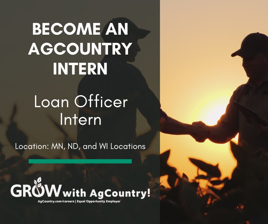 AgCountry's tweet photo. We are looking for Loan Officer Interns to join our team in our AgCountry offices throughout our MN, ND, and WI territory. This paid internship will be June through August 2024. For full details and to submit your resume, please visit our website at: https://t.co/clr0YkOmtZ https://t.co/0K7YcplAcG