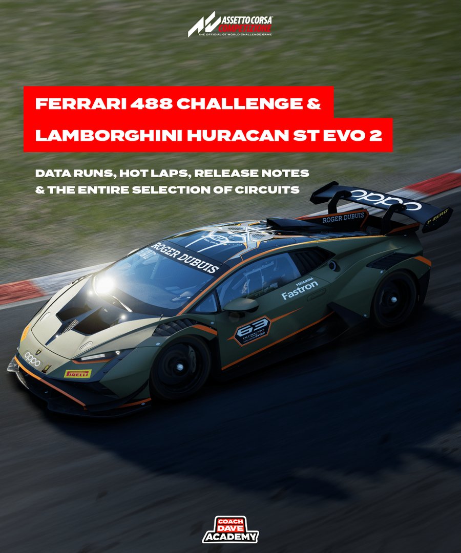 coachdavesetups's tweet photo. The Lamborghini Huracan Super Trofeo Evo2 & Ferrari 488 Challenge get our full bundle treatment! π₯
They're now avaliable on our website... π
https://t.co/eTnMEQFcnQ
#AssettoCorsaCompetizione #ACCSetups https://t.co/4k5HCCJp4o