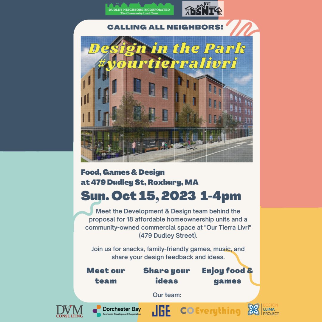 UjimaBoston's tweet photo. "Design in the Park" - Don't miss out on this amazing opportunity to be part of our community's vision.

🗓️ Date: Sun. Oct 15, 2023
⏰  Time: 1-4pm
📍 Location: Our Tierra Livri, 479 Dudley St, Roxbury, MA 02119, on the DSNI Land Trust  

#AffordableHousing https://t.co/UOsvsOBWuq