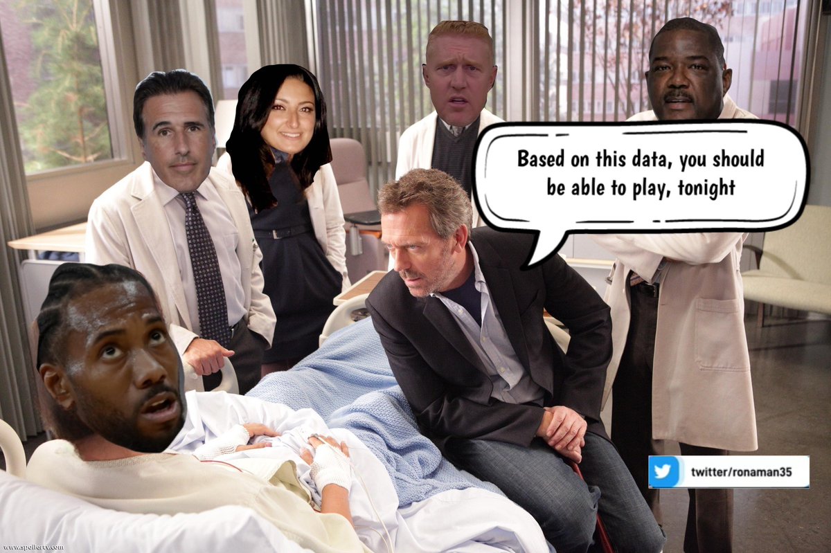 ronaman35's tweet photo. @TheFrankIsola @Scalabrine @WarrenGross @VictoriaSXM @SiriusXMNBA on a very special episode of House MD, Dr. Isola and the rest of the medical team give Kawhi Leonard some devastating news #nba #loadmanagement #manageload https://t.co/1LuPTTkvR4