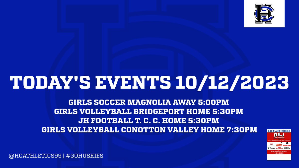 Today’s Events 10/12/2023
GVS ⚽️ Magnolia Away 5:00
VB 🏐 Bridgeport Home 5:30
JHFB 🏈 T. C. C. Home 5:30
VB 🏐 Conotton Valley Home 7:30