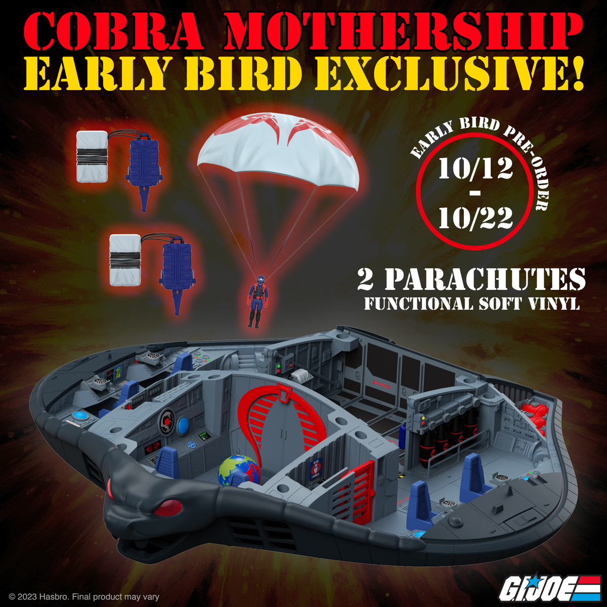 super7store's tweet photo. Now’s your chance to join the Cobra ranks with this crowdfund vehicle inspired by the opening sequence of the animated series, G.I. Joe: A Real American Hero. The Cobra Mothership is a massive 31” in diameter! Available to pre-order now: https://t.co/MXkRkUzSSm #Super7 https://t.co/UOaHEj4Ayk