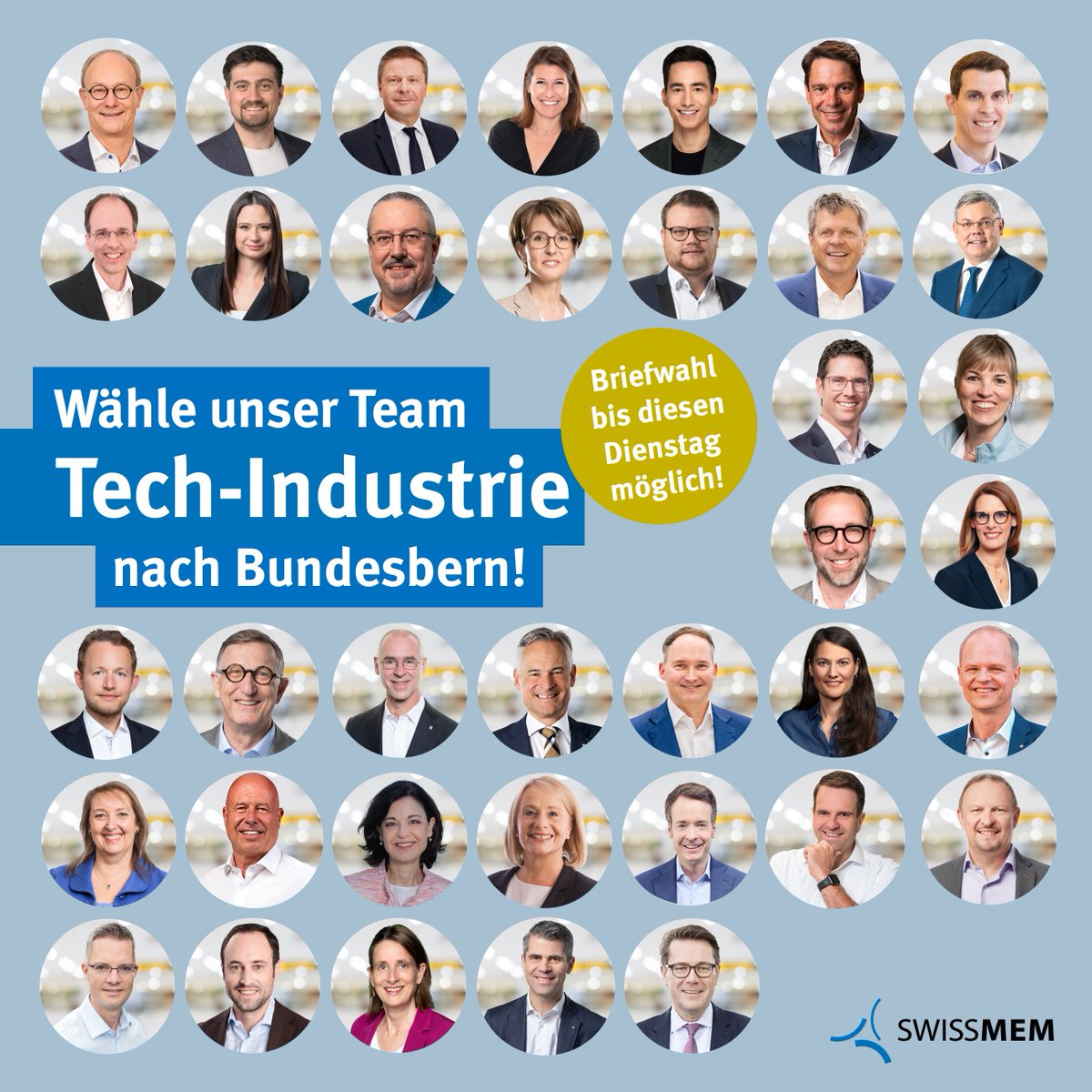 swissmem's tweet photo. Jetzt das Team Tech-Industrie wählen!💪

In der vergangenen Legislatur war unsere Branche im Parlament direkt schwach vertreten. Wählen Sie deshalb die Mitglieder des #teamtechindustrie in den #Nationalrat und #Ständerat – für eine starke Stimme des Werkplatzes Schweiz in Bern!🚀 https://t.co/6jvGUTBOth