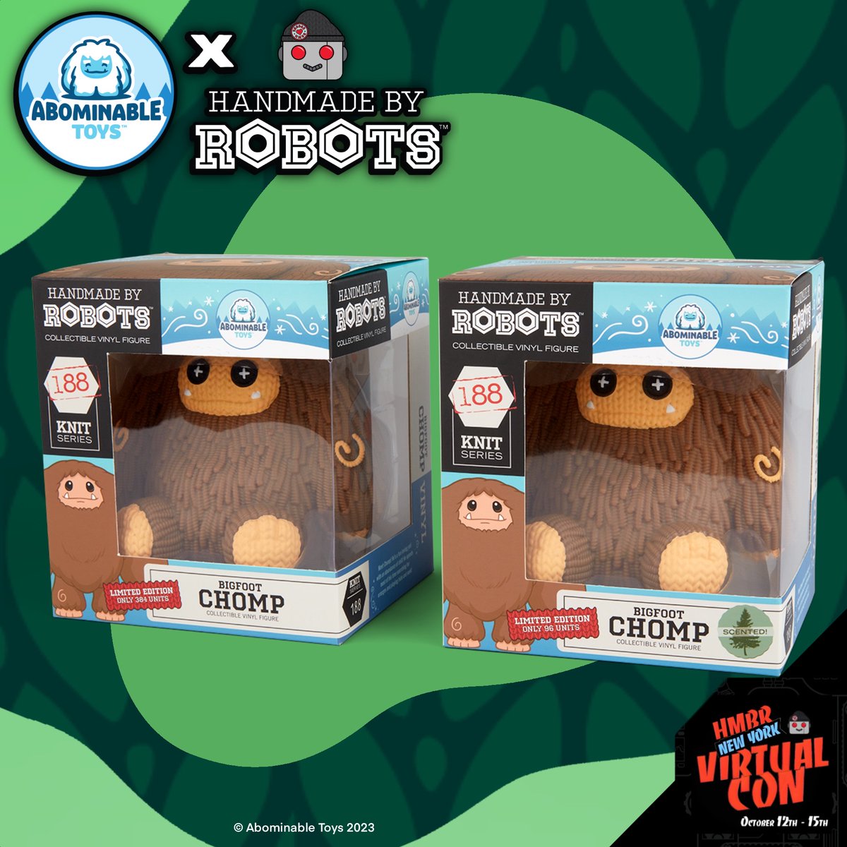 Chomp and Bigfoot Chomp HMBR figures are available now on HMBR.fans!

Bigfoot Chomp is a limited edition figure with a chance of pine scented chase! 🌲

Bigfoot Chomp
LE: 480 
Price: $19.95

#HandmadebyRobots #AbominableToys #HMBR #Chomp #KnitSeries