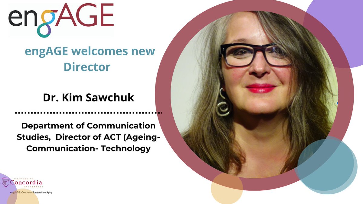 engAGE_CU's tweet photo. 🎉engAGE welcomes new Director Dr. Kim Sawchuk!  As the new Director of engAGE, we look forward to Kim contributing to the life of the Centre with the same energy and spirit of engagement established by the Centre's previous Directors. 🎉 @Concordia @ConcordiaUnews @FASConcordia https://t.co/xJjMdmF3Pd