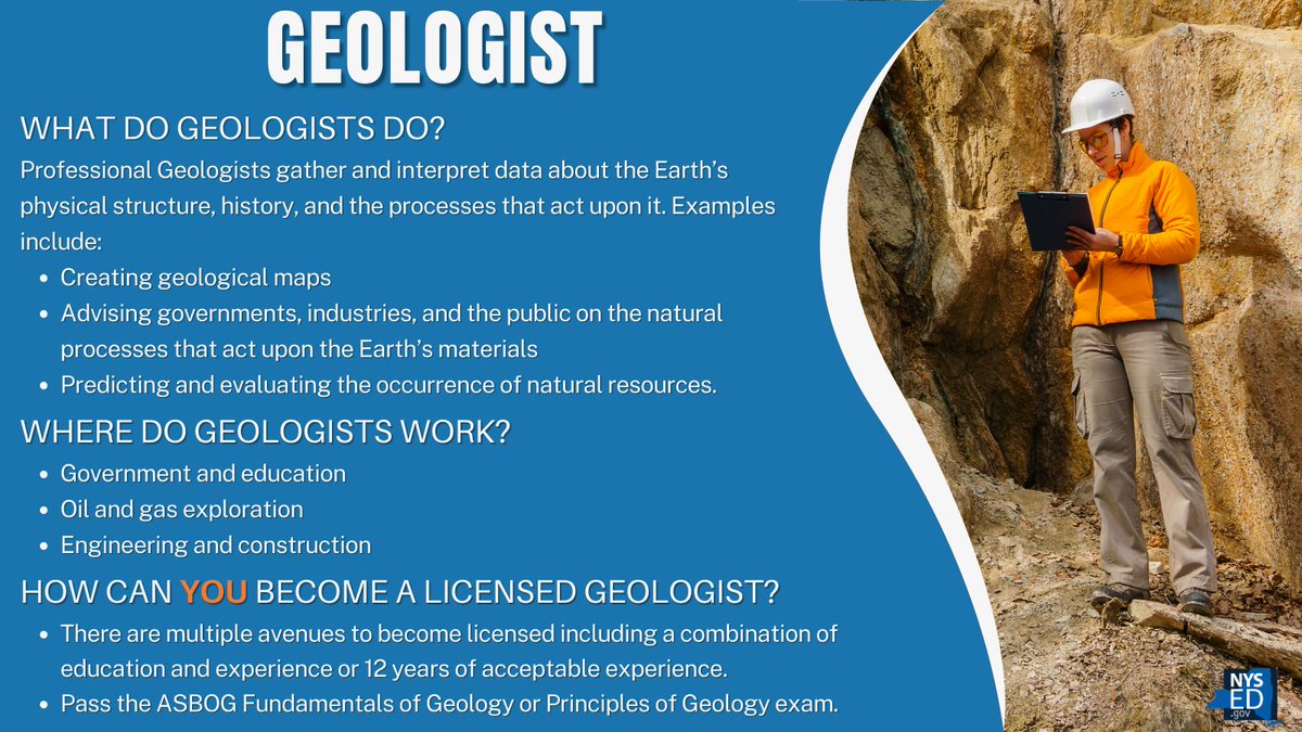 NYSEDNews's tweet photo. Celebrate #GeoscienceForEveryone Day! Engage all communities in the world of geoscience and inspire future careers. Discover how you can become a licensed professional geologist: https://t.co/9fJIgYxbOs #ProfessionProfile @earthsciweek https://t.co/rge2lovYsM