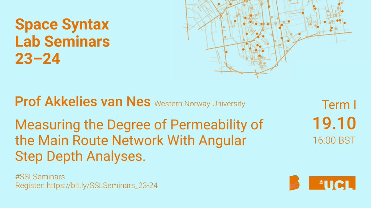 Dr Kimon Krenz (@kimonkrenz) on Twitter photo Join the next #SSLSeminars session, online on Thursday 19.10 at 4pm BST. Prof Akkelies van Nes, who will introduce an innovative method for evaluating #Urban #Permeability and apply this in 25 cities worldwide. #SpaceSyntax   
Register at bit.ly/SSLSeminars_23… Join the next #SSLSeminars session, online on Thursday 19.10 at 4pm BST. Prof Akkelies van Nes, who will introduce an innovative method for evaluating #Urban #Permeability and apply this in 25 cities worldwide. #SpaceSyntax   
Register at bit.ly/SSLSeminars_23…