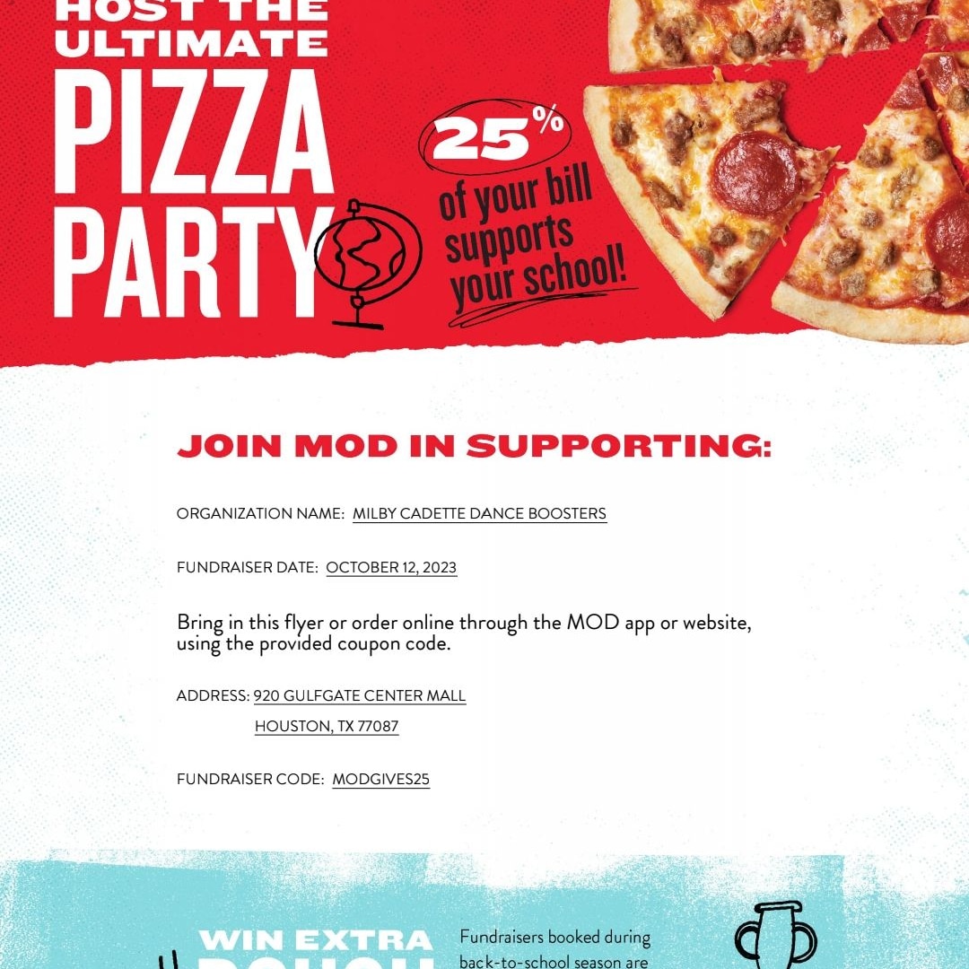 RDeluna6's tweet photo. Support the Milby Cadettes today. OCT 12TH ALL DAY at MOD Pizza Gulfgate! Thank you! https://t.co/1Wu0Hd38mR