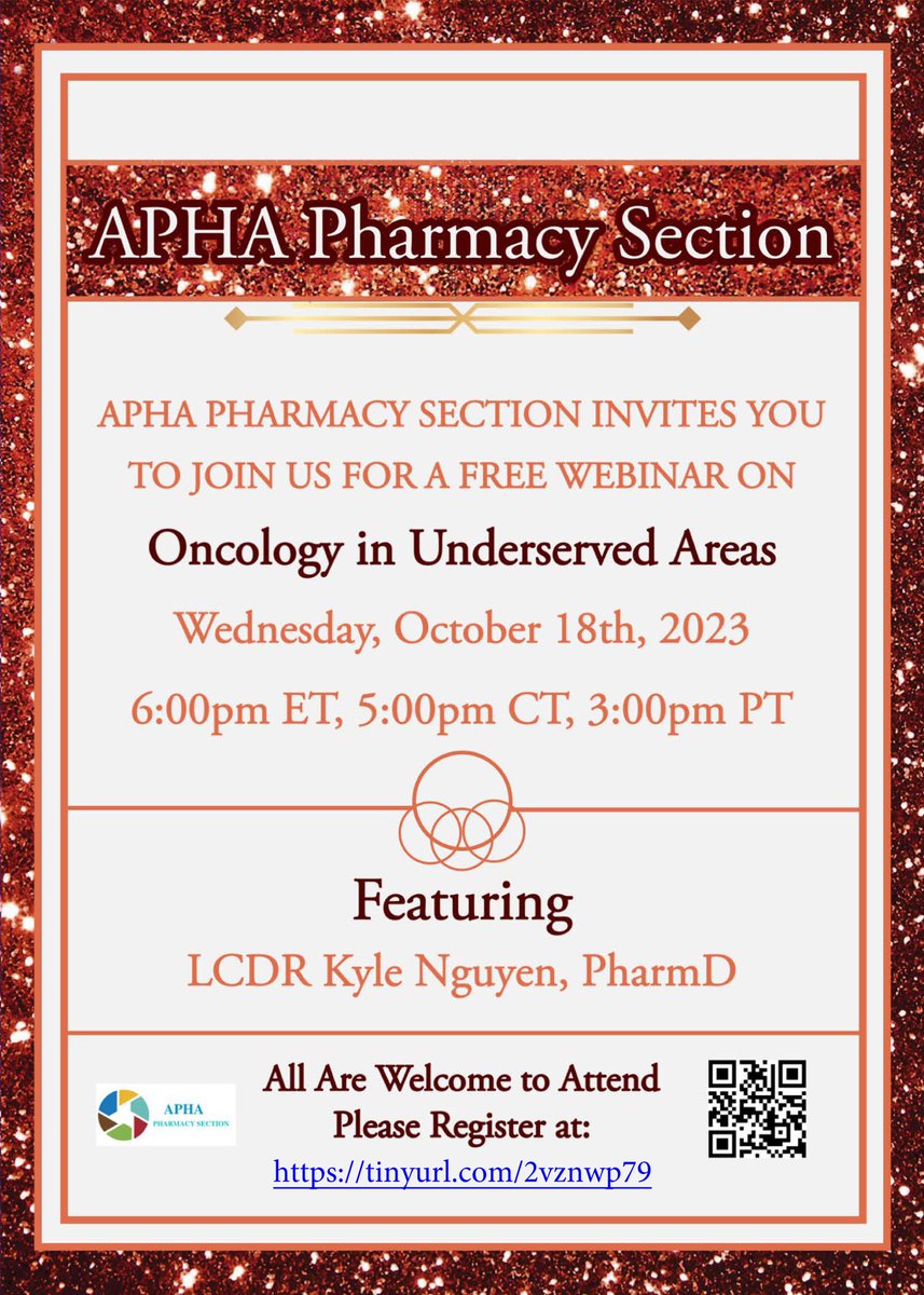 AphaPharmacy's tweet photo. Hello everyone,
APHA Pharmacy section is hosting  a free webinar on October 18th, 2023. #oncology #PublicHealth #pharmacists  #pharmacy https://t.co/p4vcLLttHh