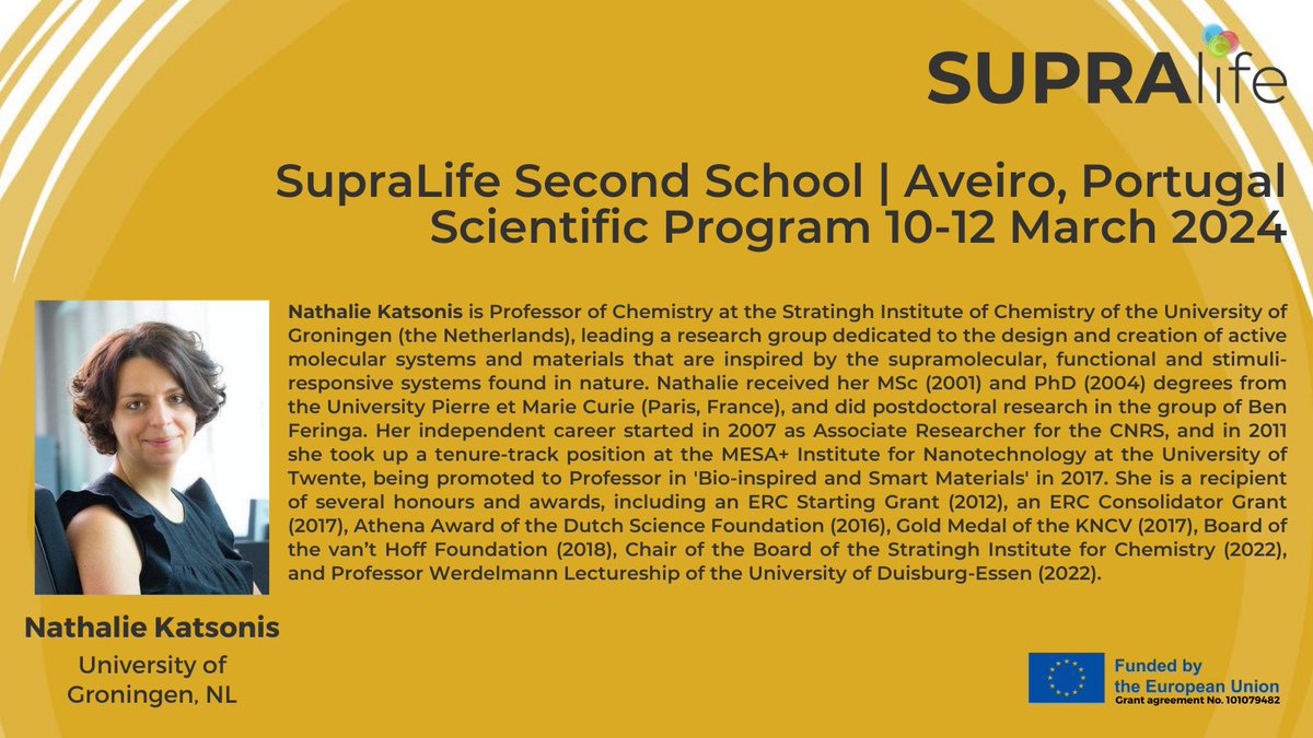 🗣️@Natha_tweet, Professor at @StratinghInst @univgroningen 🇳🇱 is a plenary speaker @#SupraLife #SecondSchool!🤩 ➡️ Nathalie is an expert on the design & creation of #life-like #active #molecular #systems & will talk about #artificial #molecular #motors #switches & #chirality!👌