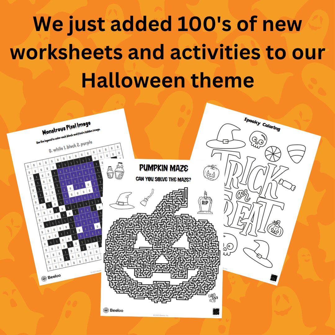 beeloo_co's tweet photo. We've just added hundreds of brand-new printable activities and worksheets to our Halloween theme. Whether you're planning a classroom activity or family night, we've got you covered. 🦇👻🕷️ #beeloo #halloween https://t.co/AVGH656kzJ https://t.co/c90uiPhC3A