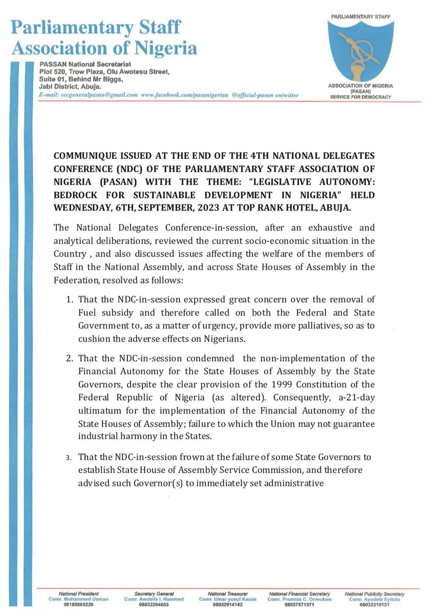 Parliamentary Staff Association Of Nigeria (PASAN) tweet media