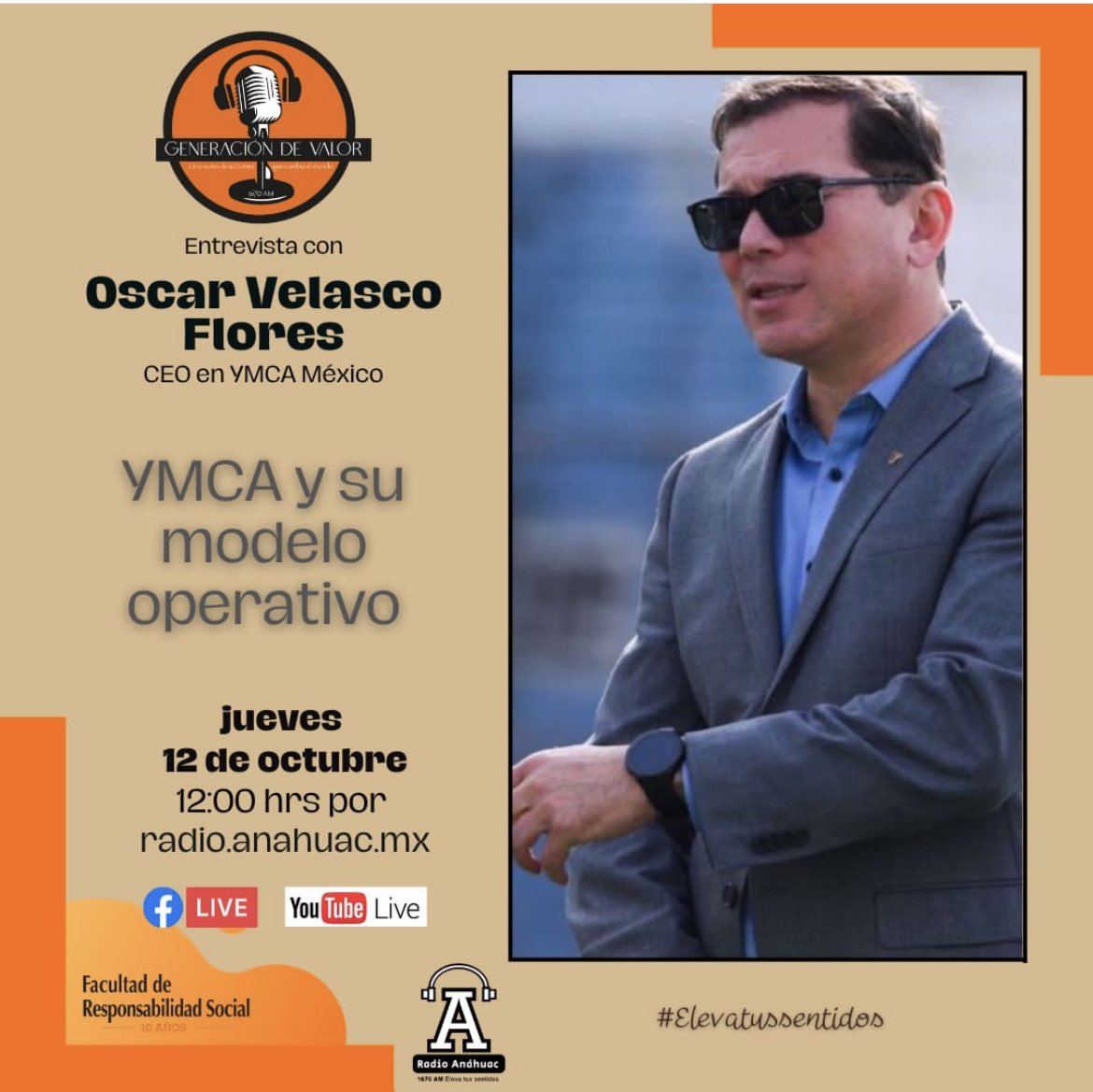¡Escúchanos!
<a href="/RadioAnahuacAM/">Radio Anáhuac</a> 📻🎧🎙 ELEVA TUS SENTIDOS
📻1670 AM 💻anahuac.mx/mexico/radio/ 
Día: Jueves 12 de octubre, 2023 ⏰ 12:00 hrs
Invitado: Invitado: Oscar Velasco Flores, CEO en YMCA México
🔵#Facebook  bit.ly/3Ri6Rnj
🔴#YouTube  bit.ly/3yRSXBh