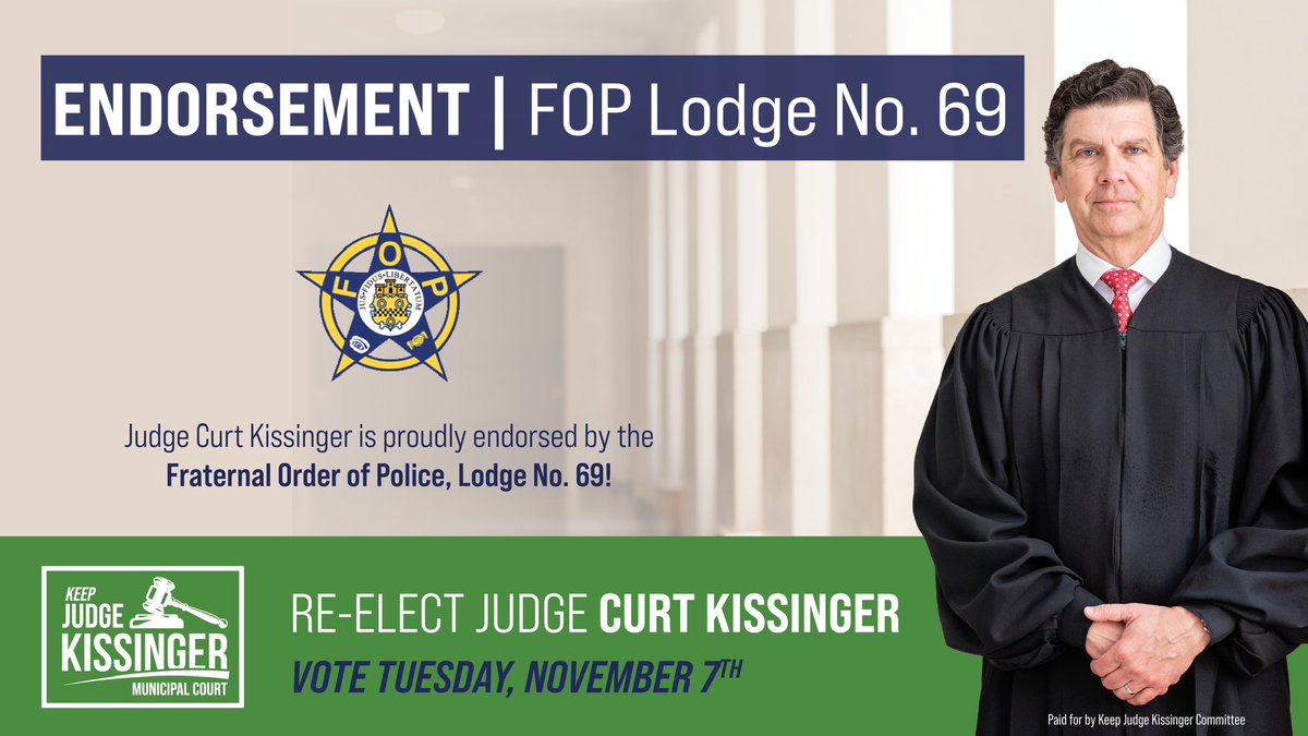 curtkissinger's tweet photo. Honored to receive the endorsement of Cincinnati Fraternal Order of Police, Queen City Lodge #69. #keepjudgekissinger https://t.co/GesKk6MpJ4