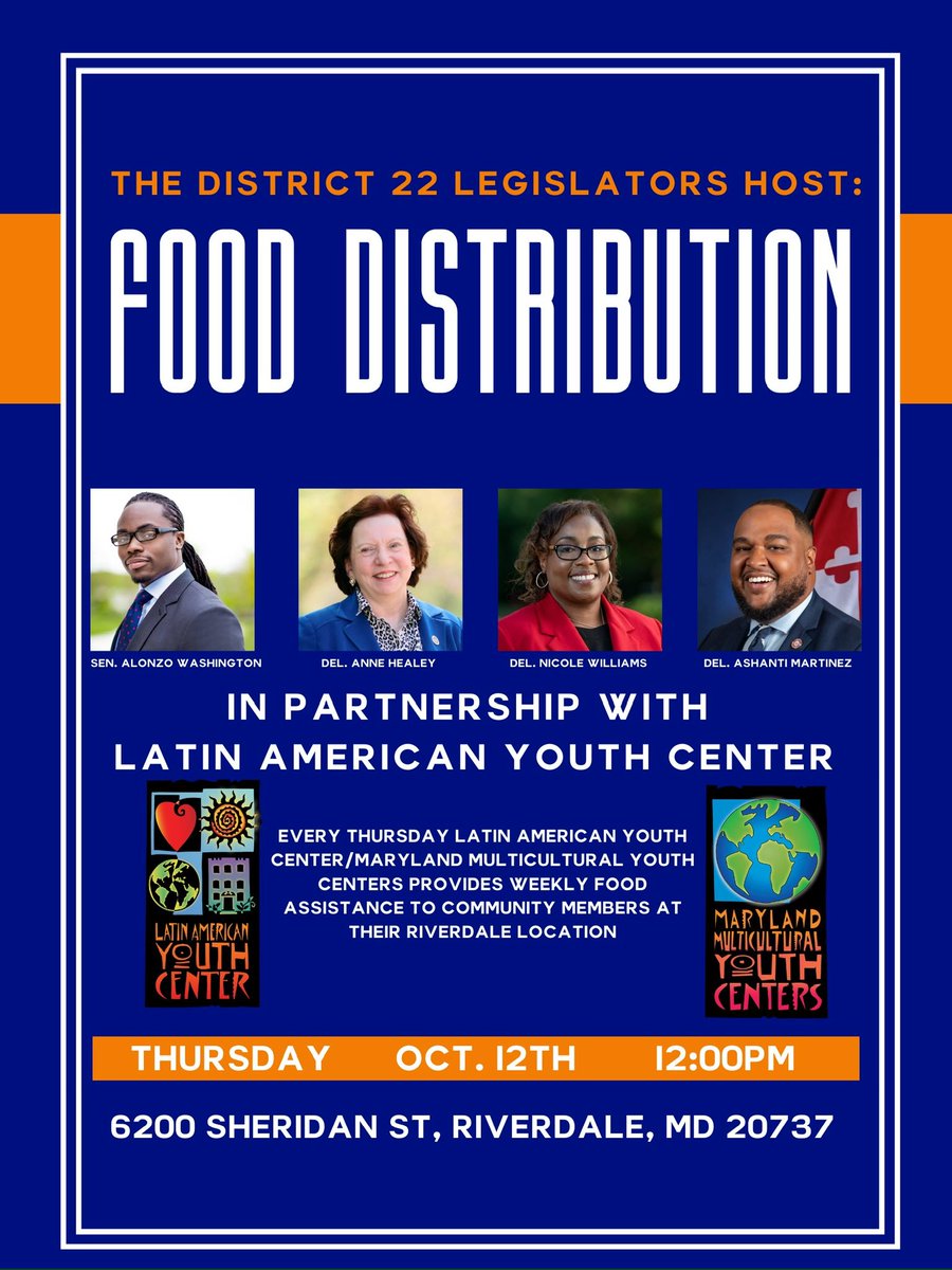 MartinezforMD's tweet image. Join the District 22 Team for a Food Distribution event in partnership with @LAYCDC.

Every Thursday Latin American Youth Center/Maryland Multicultural Youth Centers provides weekly food assistance to community members at their Riverdale location. #Working4MD