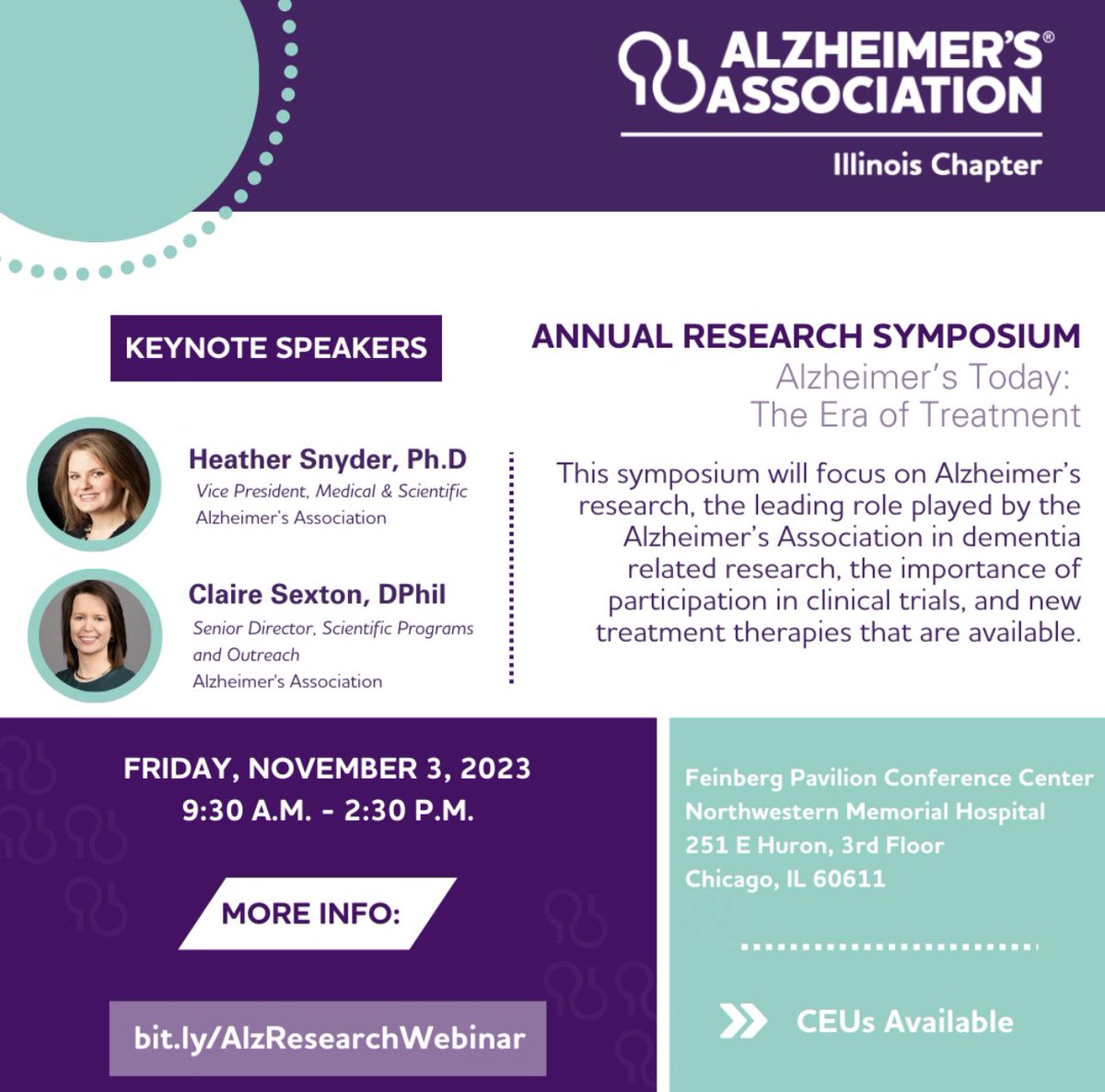 Looking forward to joining the @alzIllinois on November 3 for this year’s exciting symposium, along with @claire_e_sexton! We look forward to seeing you there 💜💜. More information at bit.ly/AlzResearchWeb…