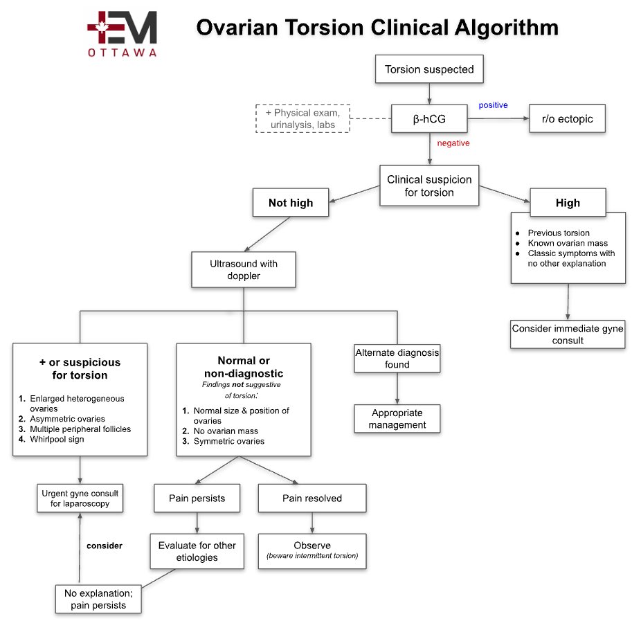 Ovarian torsion is a clinical diagnosis.. and that makes it challenging. @DaniellekPenney had a personal experience with a twist, leading her to a real deep dive with a very comprehensive post and algorithmic approach to torsion: emottawablog.com/2023/10/experi…