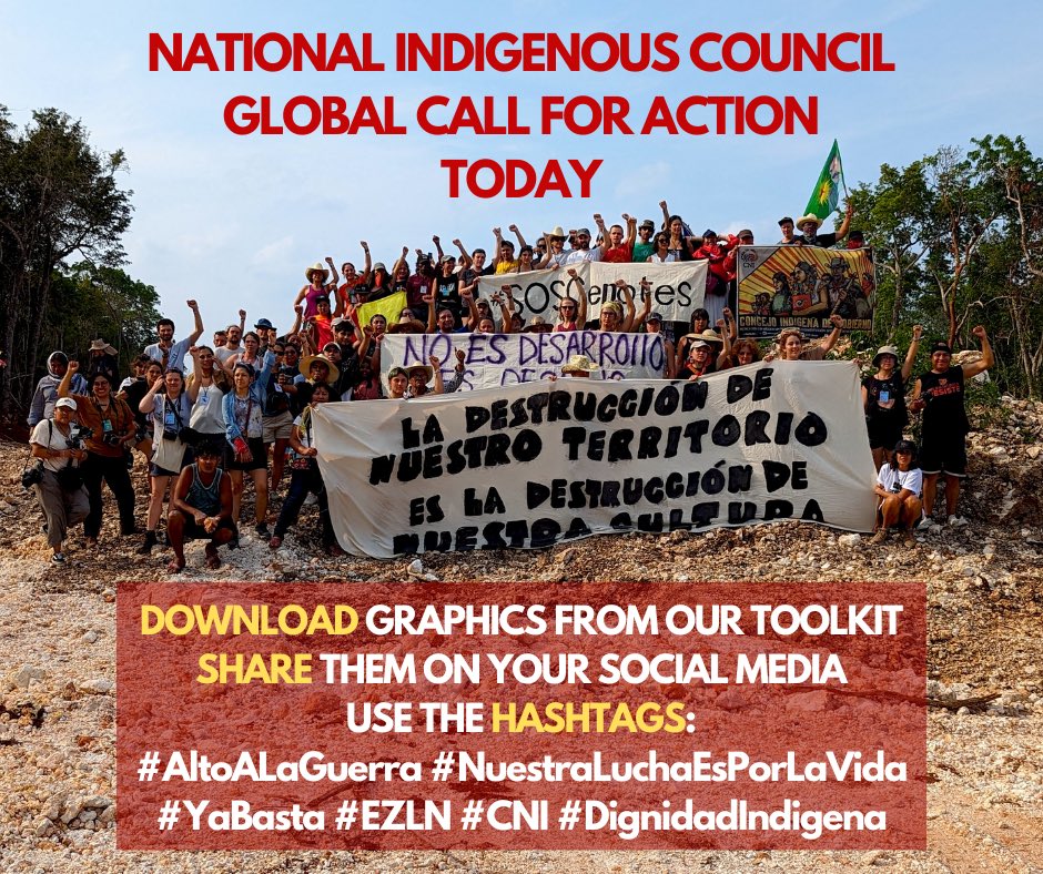SextaGrietas's tweet photo. Join the #CNI campaign TODAY, day of resistance and indigenous dignity. STOP THE WAR ON INDIGENOUS PEOPLES OF MEXICO AND THE WORLD! Use our toolkit to make your own soc media posts:
https://t.co/1RF7TTVI0w

#DignidadIndigena #AltoALaGuerra #NuestraLuchaEsPorLaVida #YaBasta #EZLN https://t.co/ZkoL75OwdM