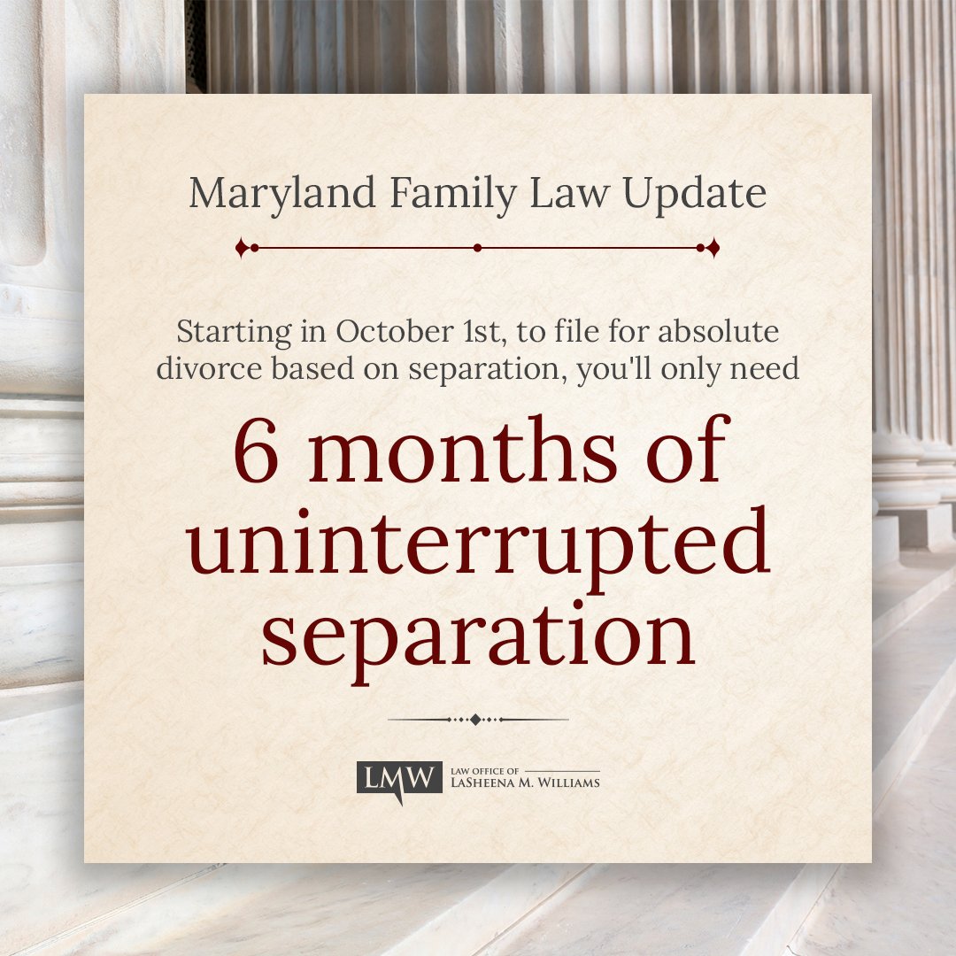 LMWLegal's tweet image. Starting in October 1st, to file for absolute divorce based on separation, you&apos;ll only need 6 months of uninterrupted separation.

#MarylandDivorce #LegalChanges #FamilyMatters #LegalUpdates