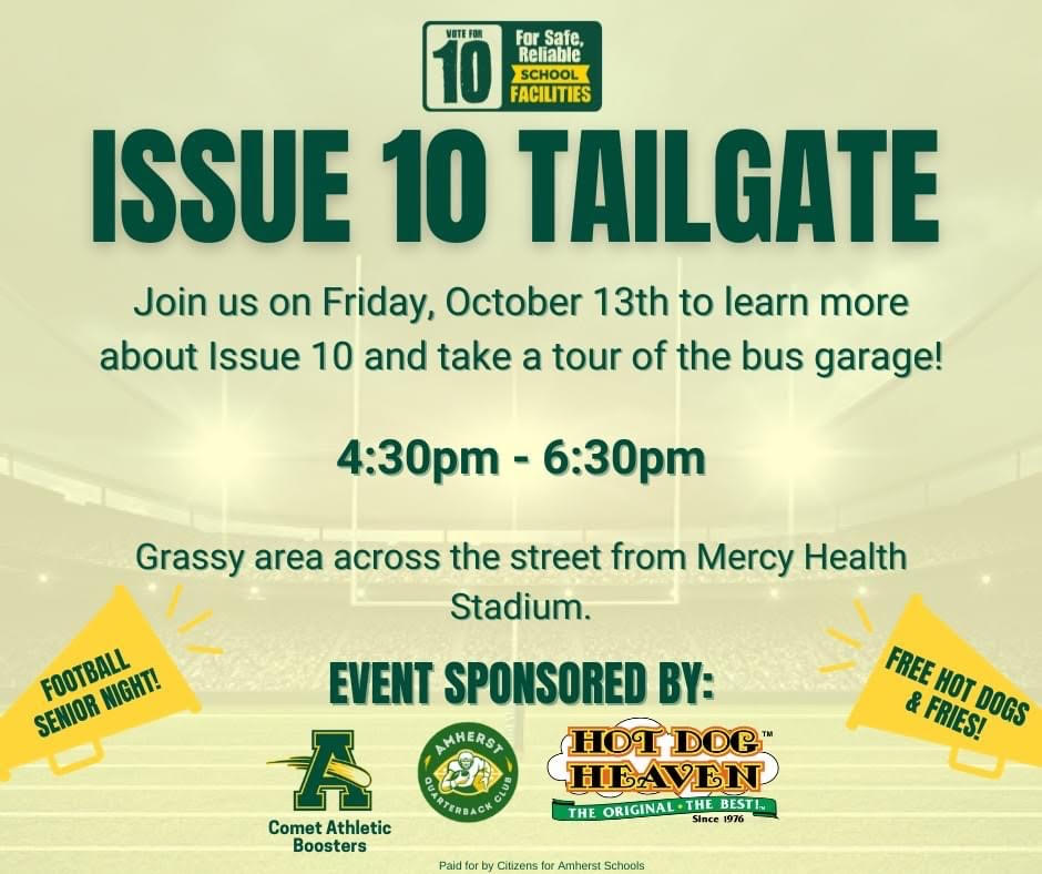 Come watch our Seniors tomorrow but first come support our amazing Amherst community for our Issue 10 Tailgate!!! FOOD!! FOOTBALL!! LETS GO !!! #PCE @AmherstQb @AmherstQb @SteeleComets